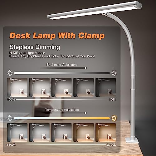 Airlonv LED Desk Lamp with Clamp, 17" Stepless Dimming Light, White - color: White, size: Standard