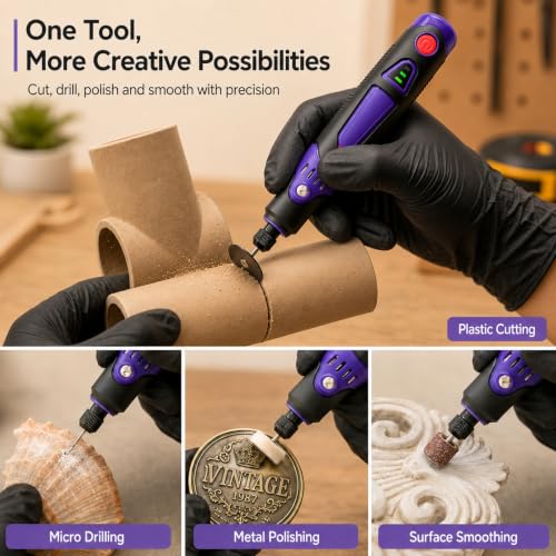 Cordless Rotary Tool Kit, 3.6V Mini Rotary Tool with 82 Accessories, 3 Variable Speed Rechargeable Engraving Pen for Wood, Glass, Metal, Electric Grinder for DIY Crafts, Sanding, Polishing - color: Purple (Indicator Light)