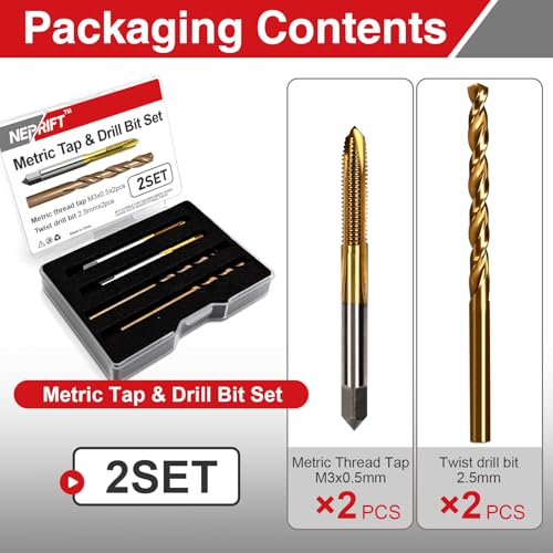 M3x0.5 Tap and 2.5mm Drill Bit Set, HSS M2 Taps and M35 Cobalt Drill Bits - size: M3×0.5+2.5mm