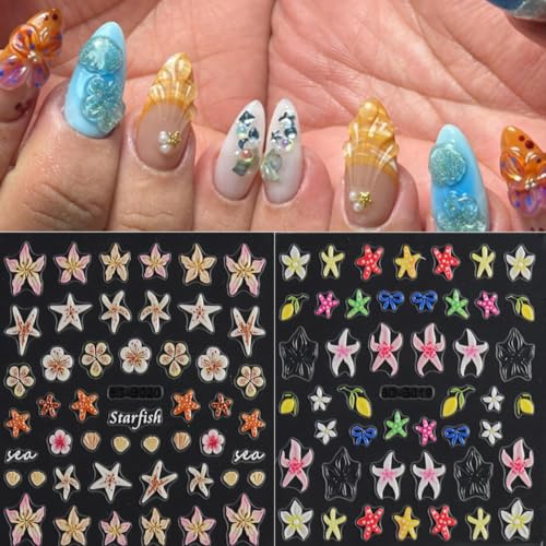 2Pcs Summer Nail Art Stickers 5D Embossed Self-Adhesive Nail Decals Starfish Bow Flower Sea Nail Design Stickers Summer Beach Theme Nails Art Supplies for Women Manicure Decorations - style: starfish flower