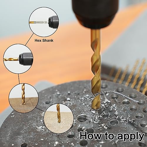 GMTOOLS 10 Pcs 1/8" Titanium Coated Twist Hex Shank Drill Bit Set, 135 Degree Tip HSS Impact Drill Bit Set with Storage Case for Metal, Aluminum, Steel, Wood, Plastic, Quick Change Design - style: 1/8"-10PCS