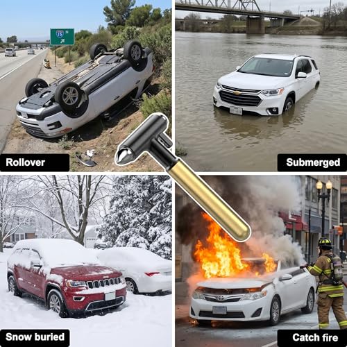 Alloy Car Window Breaker with KM46 Tungsten Tip, 3-in-1 Glass Breaker & Seatbelt Cutter & Escape Hammer Car Emergency Rescue Tools for Tesla Model 3/Y/S/X/Cybertruck Accessories (Gold) - color: Gold