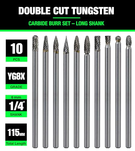Carbide Burr Set Long Shank (10Pcs, 1/4) - size: 1/4 in, style: 10Pcs