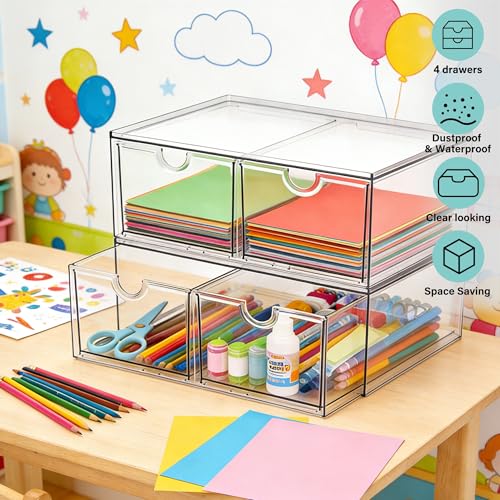 Prsildan Acrylic Storage Drawers Clear Makeup Organizer with 4 Drawers - size: Stackable-4Drawers