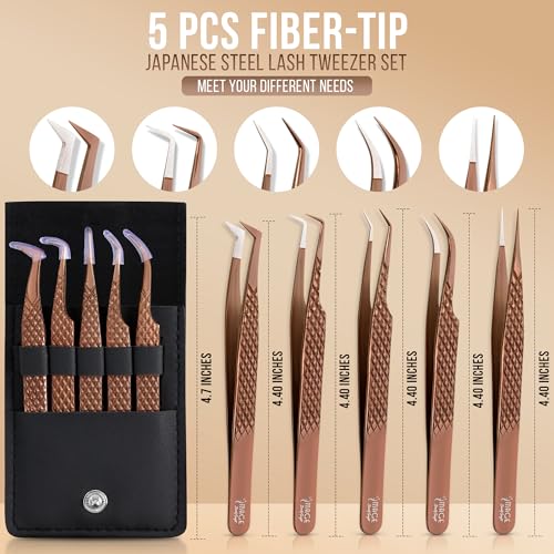 5 Pcs Fiber Tip Eyelash Extension Tweezers with Leather Case, Rose Gold - color: Metallic-rose