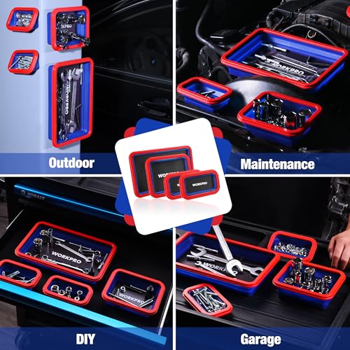 WORKPRO 4PC Collapsible Magnetic Parts Tray Set, Double-Sided Magnet Bowl