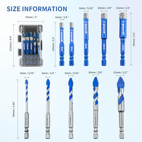 Greywolf 10 pcs Diamond Drill bit Set, Tile Drill bits, Suitable for Ceramic, Glass, Porcelain, Marble, and Granite in Drilling Holes, Hexagonal Shank Tile Drill bits with Cooling Wax, 5/6/8/10/12mm