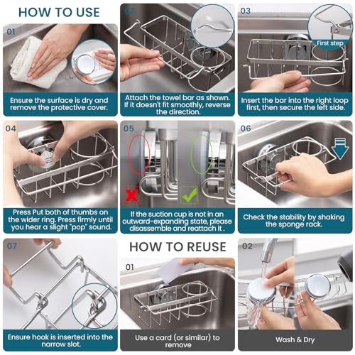 TAILI 4-in-1 Sponge Holder for Kitchen Sink with Strong Suction Cup-Silver - color: Silver, size: 7.28" x 2.36"