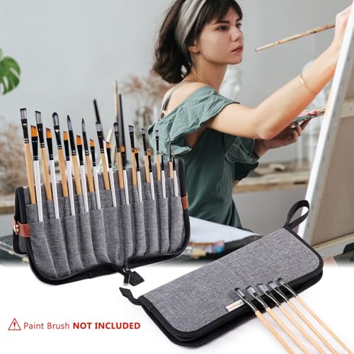 Paint Brush Holder Case for Artists, 22-Slot Paint Brush Case Pop-Up Stand - color: Gray, size: Large 6*13.5"
