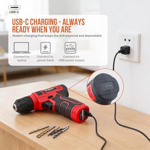Hi-Spec 8V USB Power Drill Driver Bit Set with Hanging Kit for DIY, Red - color: Red