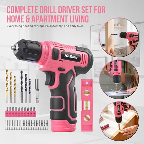 Hi-Spec 8V USB Power Drill Driver Bit Set with Hanging Kit for DIY, Pink - color: Pink