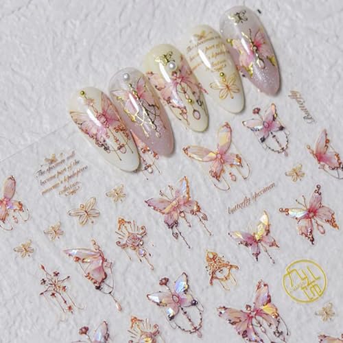 Butterfly Nail Art Stickers Decals 5D Butterfly Nail Stickers Pink Seashell 5D Embossed Shinny Butterflies Nails Design Decals Butterflies Stickers for Women DIY Manicure Nails Art Decorations - style: pink butterfly