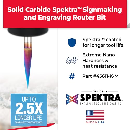 Amana Tool 45611-K-M Solid Carbide Spektra Extreme Tool Life Coated 15 Degree Engraving 0.005 Tip Width x 6mm SHK x 58mm Long Signmaking Router Bit - size: 45611-K-M