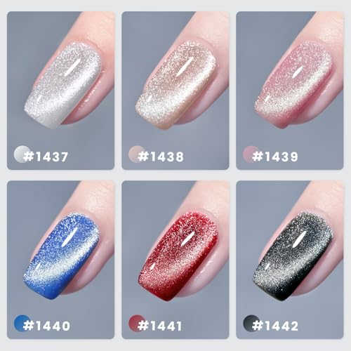 RARJSM Diamond Glitter Cat Eye Gel Polish Set 6 Pcs Sparkle Black Silver Red Blue Brown Nude Color Velvet Ice Jelly Glass Milky Way Cateye Gelpolish with Magnet Stick Curing Requires Home Manicure - color: Milkyway Diamond Cat Eye Set