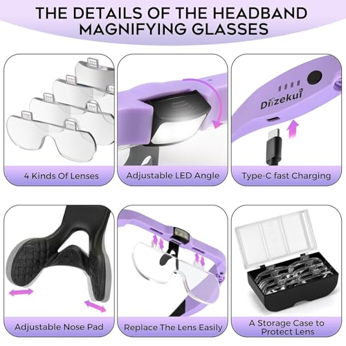 Dilzekui Magnifying Glasses w/Light,1.5X-5X Magnifying Glass Acrylic Lenses - color: Purple