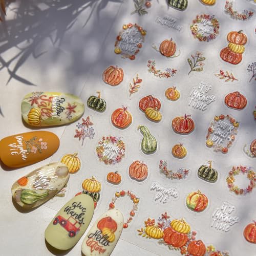 1 Sheet Pumpkin Nail Stickers Autumn Pumpkin Nail Decals 5D Embossed Pumpkins Nails Designs Thanksgiving Nails Decorations Garland Leaf Nail Art Stickers for Women DIY Manicure Supplies - color: Thanksgiving Pumpkin