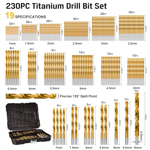 Metric 230 Pieces Titanium Twist Drill Bit Set, 135° Tip High Speed Steel, Size from 1mm up to 10mm, Ideal Drilling in Wood/Cast Iron/Aluminum Alloy/Plastic/Fiberglass, with Hard Storage - size: Metric 230 Pieces Drill Bit Set 135°