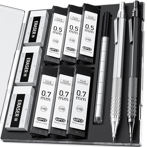 2PCS Metal Mechanical Pencil Set, 0.5mm+0.7mm, Storage Case, Black＆Silver - color: Silver+Black (2PCS)