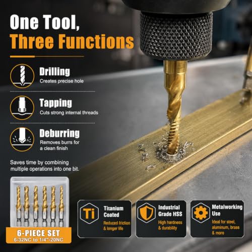 6 Pack Titanium Drill Tap Bit Set, SAE Combination Tap Bits