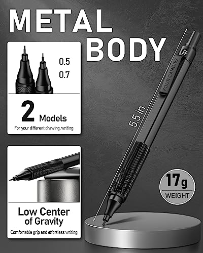 2PCS Metal Mechanical Pencil Set, 0.5mm+0.7mm, Storage Case, Black＆Silver - color: Silver+Black (2PCS)