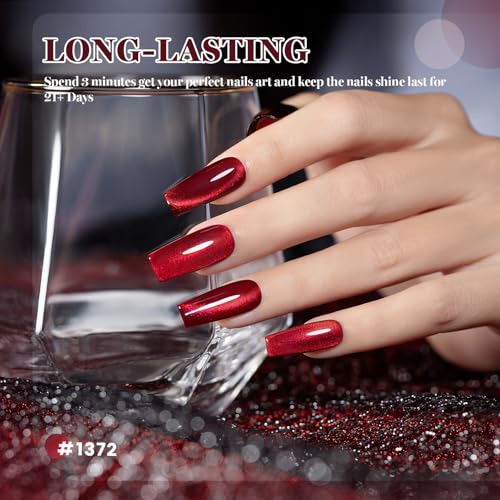 RARJSM Berry Red Glass Glitter Cat Eye Gel Nail Polish with Magnetic Stick - color: Berry Red