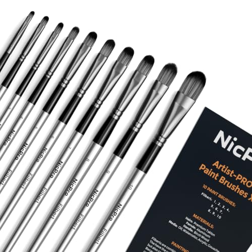 Nicpro 10 PCS Filbert Paint Brush Set for Acrylic, Watercolor, Oil, Gouache - size: 10PCS - Filbert