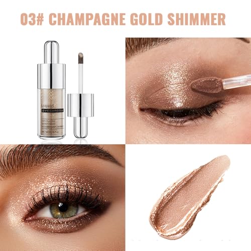 Gold Deep Brown Shimmer Liquid Metallic Eyeshadow, Everyday Neutral Toned Eye Shadow Makeup for Older Women, Multi-Dimensional Finish For Green Blue Eyes, Mini Travel Size, Vegan & Cruelty-Free 03# - color: J-#03