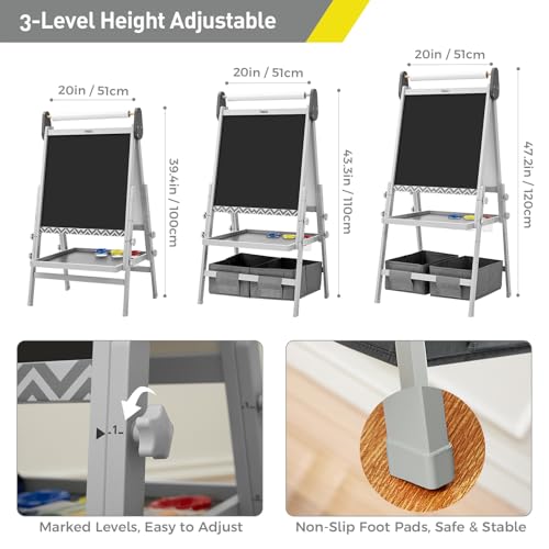 FUNLIO Anti-Warping Kids Art Easel, 3 Height Adjustable for Kids Aged 3-8, All-in-One Toddler Easel with Paper Roll & Erasable Frame, Standing Easel with Magnetic Chalkboard/Whiteboard (Gray) - style: Gray