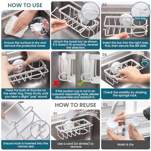 TAILI 4-in-1 Sponge Holder for Kitchen Sink with Strong Suction Cup-White - color: White, size: 7.28" x 2.36"