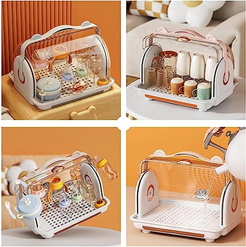 Baby Bottle Drying Rack Storage with Cover, 3 Brushes, Orange - color: Orange