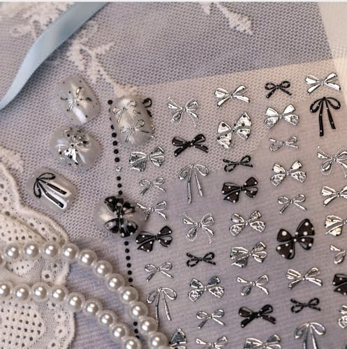 1 Sheet Polka Dots Silver Bow Nail Art Stickers 5D Embossed Bow Nail Stickers Y2K Black Silver Kawaii Bow Knot Nail Decoration with Metal Design Ribbon Bow Tie Nails Supplies for Women DIY Manicure - color: Silver Bow