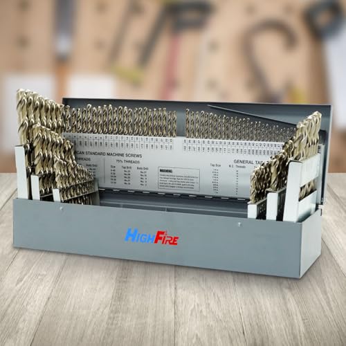 HIGHFIRE 115 PCS All M35 HSS Cobalt Drill Bit Set, Twist Jobber Drill Bits Set, 135-Degree Split Point, Fractional 1/16"-1/2", Letter A - Z, Wire #1 - #60 with Metal Indexed Storage Case - size: 1/16-1/2 in A-Z #1-#60 (115 pcs)