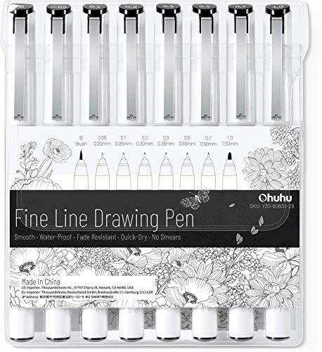 Ohuhu Fineliner Micro Drawing Pens: 8-size Tips (Ultra-fine, Fine & Brush)