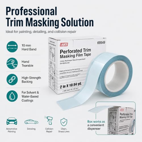 LAUCO Perforated Trim Masking Tape 69549, Molding Paint Protection, Trim Lifting Tape, Hand Tearing, 10 mm Hard Band, 50 mm x 10 m Auto Body Masking Film with High-Strength Backing 69549