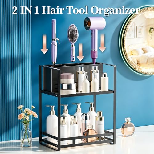 Bathroom Counter Organizer, Metal Vanity Shelf with Hair Dryer Holder - color: carbon black