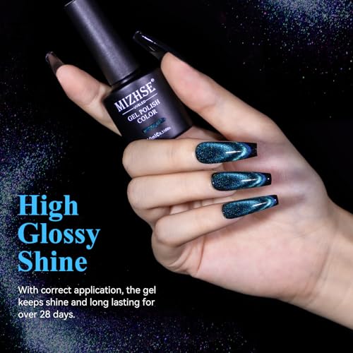 MIZHSE 9D Cat Eye Gel Nail Polish, Dual Colors Blue & Purple Magnetic Gel Polish with Magnet Stick, Magic Chameleon Galaxy Effect Holographic Glitter Silky Cat Eye Nail Polish Soak Off Nail Art Salon - color: 0-0-10Cat Eye Blue