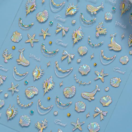 1 Sheet Starfish Nail Art Stickers Holographic Laser Summer Nail Stickers Shiny Shell Light 5D Embossed Starfish Nail Decals Marine Life Dolphin Conch Nails Design Ocean Beach Nail Supplies for Women - style: conch