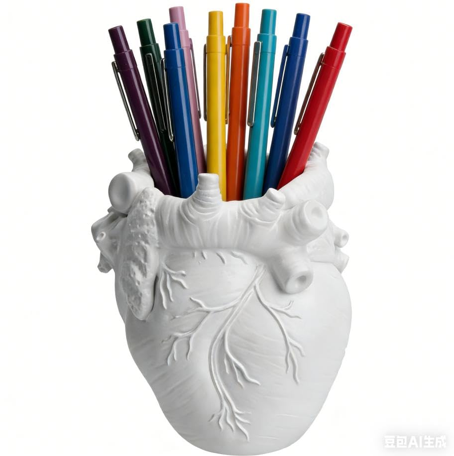 Heart-Shaped Pen Holder, 4.3" x 3.74" Human Heart Organ Shape Pen Holder, Gothic Makeup Brush Holder, 3D Realistic Hearts Anatomy Model for Makeup Brushes Pens,Desk Accessories (White)