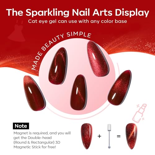 modelones Red Gel Nail Polish Set 6PCS Christmas Giltter Cat Eye W Magnet - color: A A A2 Ruby Sparks