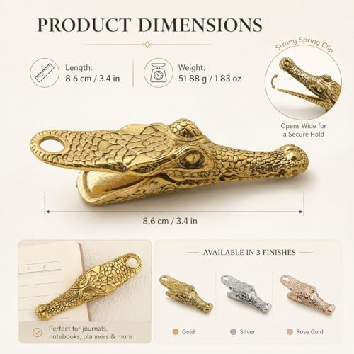 Vintage Crocodile Head Journal Clip - 3.4 Inch Heavy Duty Alligator Metal Book Clip Pin, Solid Decorative Bookmark Paper Organizer Notebook Holder Planner for Home Office Desk - color: Ancient Golden Clip