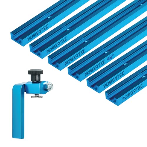 POWERTEC 72142 48"x6 Universal T track with 1 Pc 3" T track Flip Stop for Woodworking, Double-Cut Profile T track with Fence Flip Stop - size: 48" T track (6PK) + Flip stop (1PK)