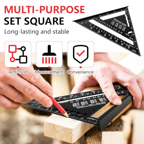 Aluminum Alloy Rafter Square 7 Inch, Carpenter Square Layout Tool with Laser-Etched Scale, Woodworking Triangle Ruler for Carpenters Craftsmen, Multi-Angle Protractor (Black) - color: Black
