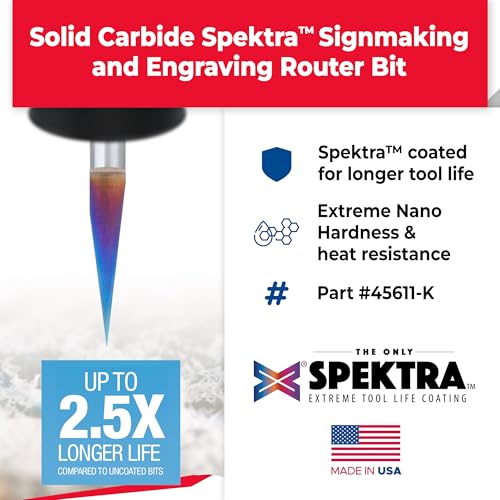 Amana Tool Spektra Extreme Tool Life Coated Solid Carbide Signmaking and Engraving Router Bit, 45611-K, 15 Degree Engraving 0.005 Tip Width x 1/4 Shank x 2-1/4 Inch Long - size: 45611-K