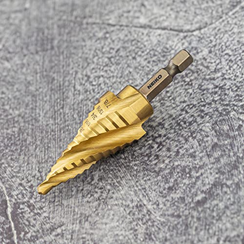 NEIKO 10180A Steel Spiral Quick-Change Step Drill Bit for Metal with 4-Flute Spiral Grooved Design, Nitride-Coated High-Speed Steel Multitool with 12 Sizes in 1 Step Bit, Unibit, Hole Drill Bit - size: #4 (3/16 - 7/8", 12S), style: 4-Flute Spiral