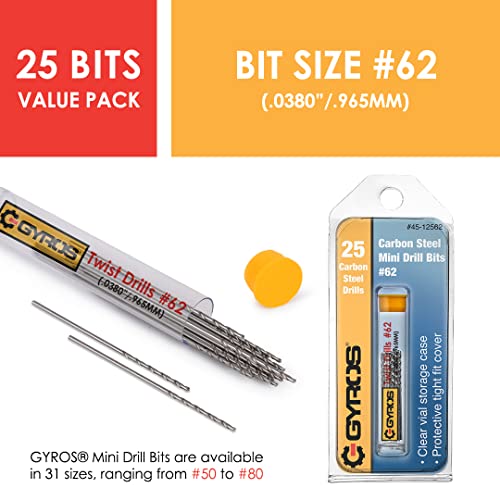 GYROS 25 PCS #62 Micro Drill Bit Set – Small Drill Bits for Jewelry, Plastic, Resin, & Soft Metal – Carbon Steel Wire Gauge Mini Twist Drill Bit Set for Pin Vise Hand Drill & Rotary Tool - size: #62 (.0380”/.965MM)