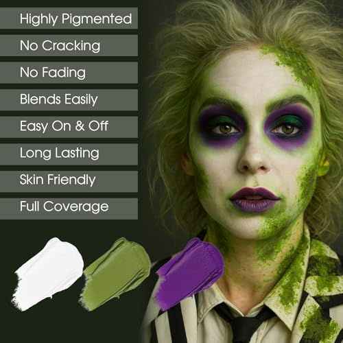 BADCOLOR 3PCS White Ogre Green Purple Face Body Paint Stick Makeup for Beetle-juice/ Frankenstein SFX Cosplay & Dress Up, Full-Coverage Halloween Facepaint Makeup Kit - color: 3PCS Beetle-juice/Monster
