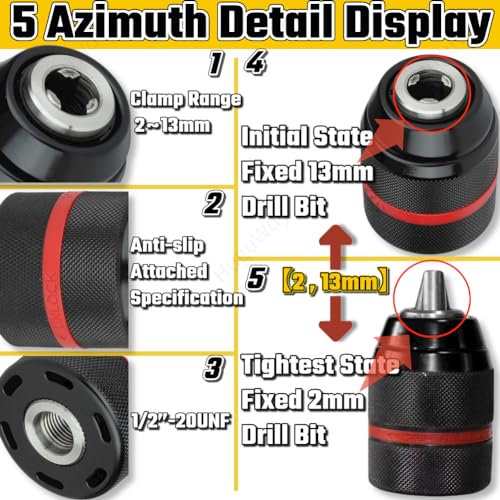 Keyless Hand Power Drill Chuck 1/2”-20UNF Mount, 2~13mm Self-tighten Drill Chuck,Keyless Chuck for Multiple Purposes（Before Purchasing,Make Sure That Your Drill Chuck is 1/2 "-20UNF）