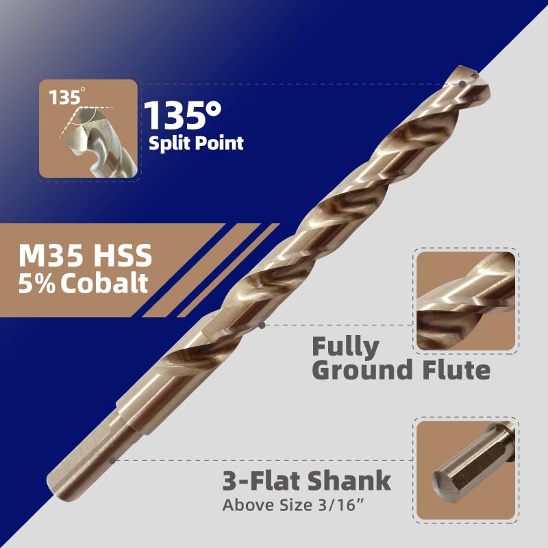 HIGHFIRE 29 PCS M35 Cobalt Drill Bit Set, HSS Twist Jobber Drill Bits with 135 Degrees Split Point and Three-Flat Shank, 3/8” Reduced Shank, Gold Oxide Metal Drill Bits Set (1/16” - 1/2” x 1/64”) - size: 1/16-1/2 in x 1/64 in M35 Cobalt (29 pcs)