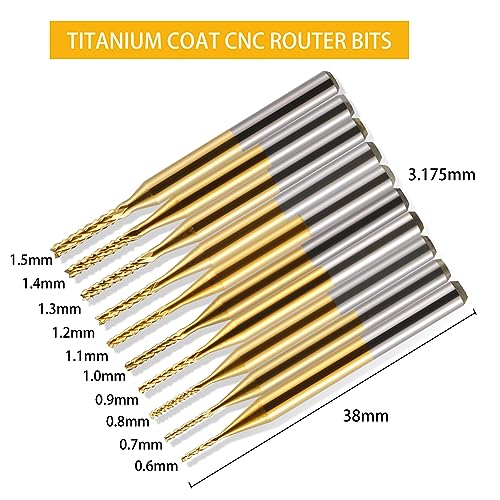 End Mill Sets, 10Pcs Titanium Coat, 1/8" Shank 0.6-1.5mm Micro Engraving Bits CNC Router Bits for Rotary Tools - size: 0.6-1.5mm