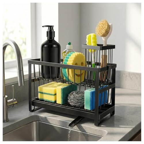 2-Tier Sink Sponge Caddy Organizer | Self Drain Sink Caddy with Dish Brush Holder | Non Toxic Kitchen Sink Accessories for Sponges, Brushes & Soap (Black) - color: Black